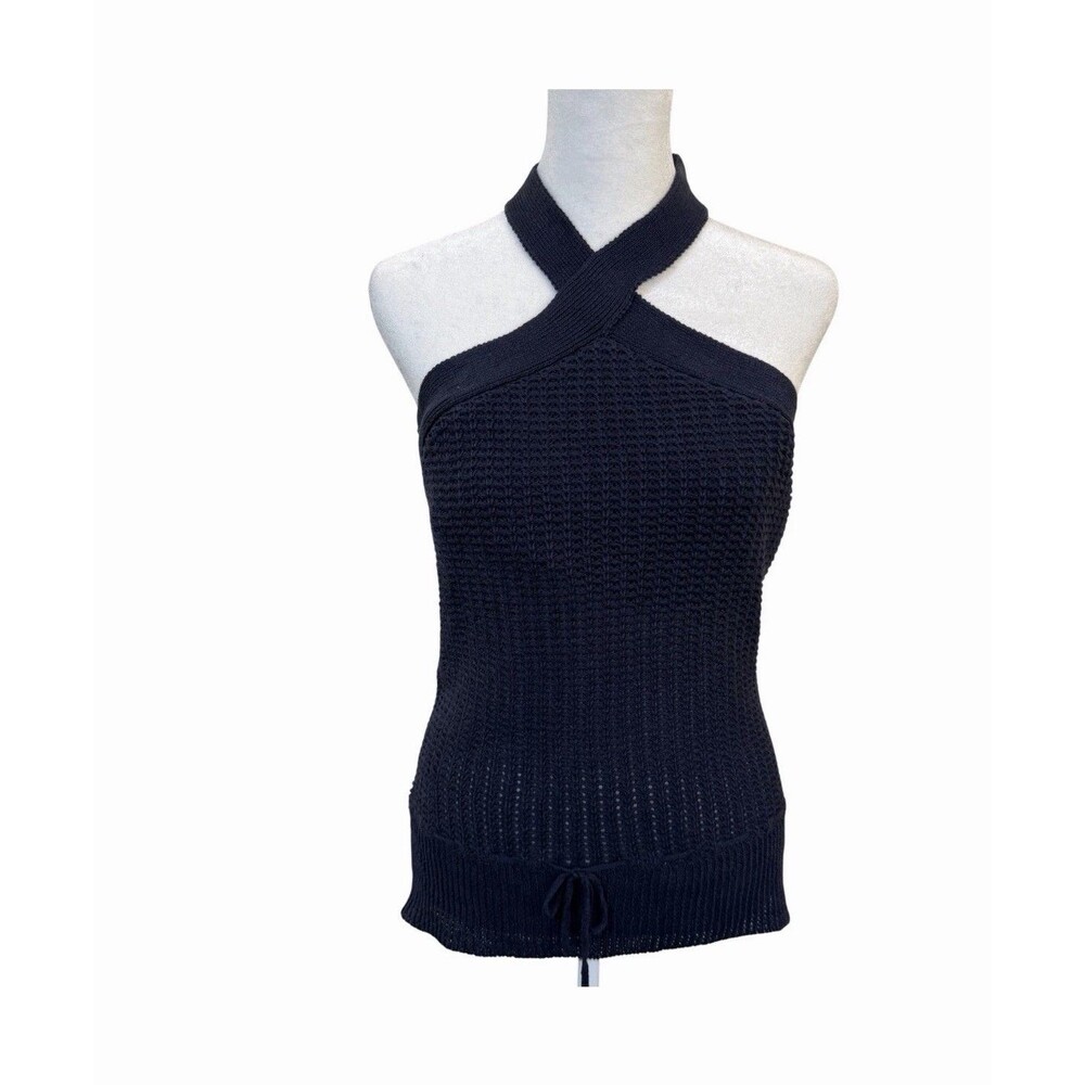 Lauren Ralph Lauren Navy Sweater Halter Knit Top Linen Blend Sleeveless Womens M